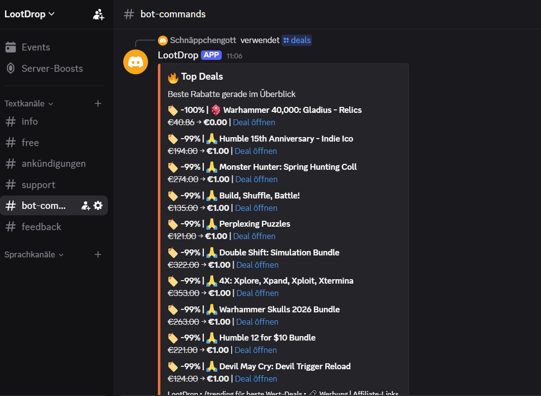LootDrop zeigt Top Deals in Discord